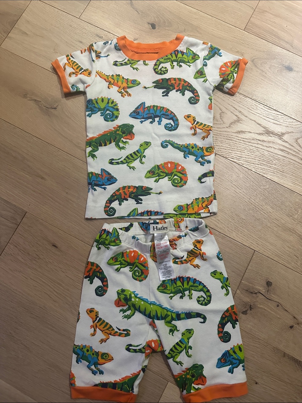 Hatley White Chameleon Print Kids Pajama Set with Orange Trim